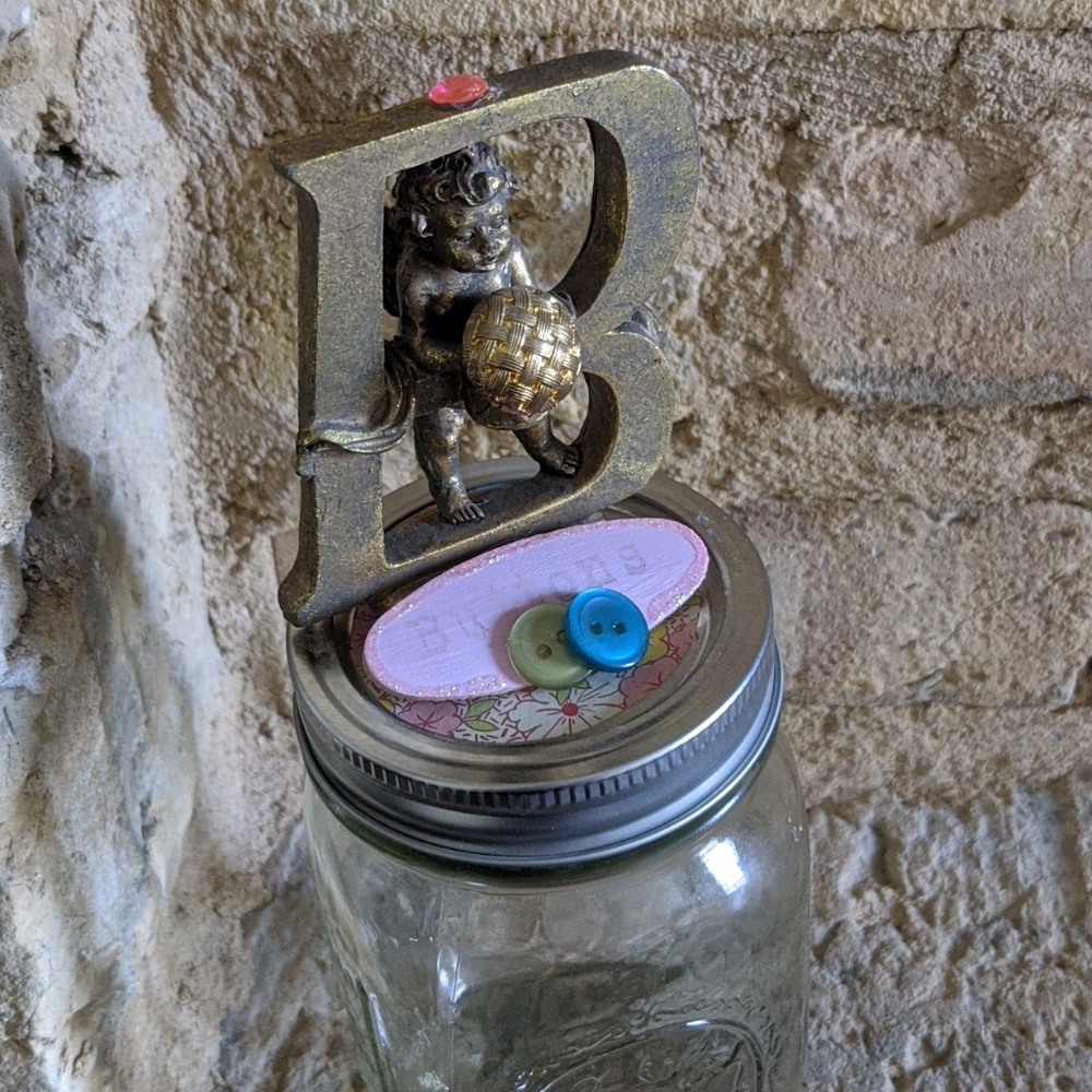 Upcycled Button Holder Mason Jar with Cherub Top